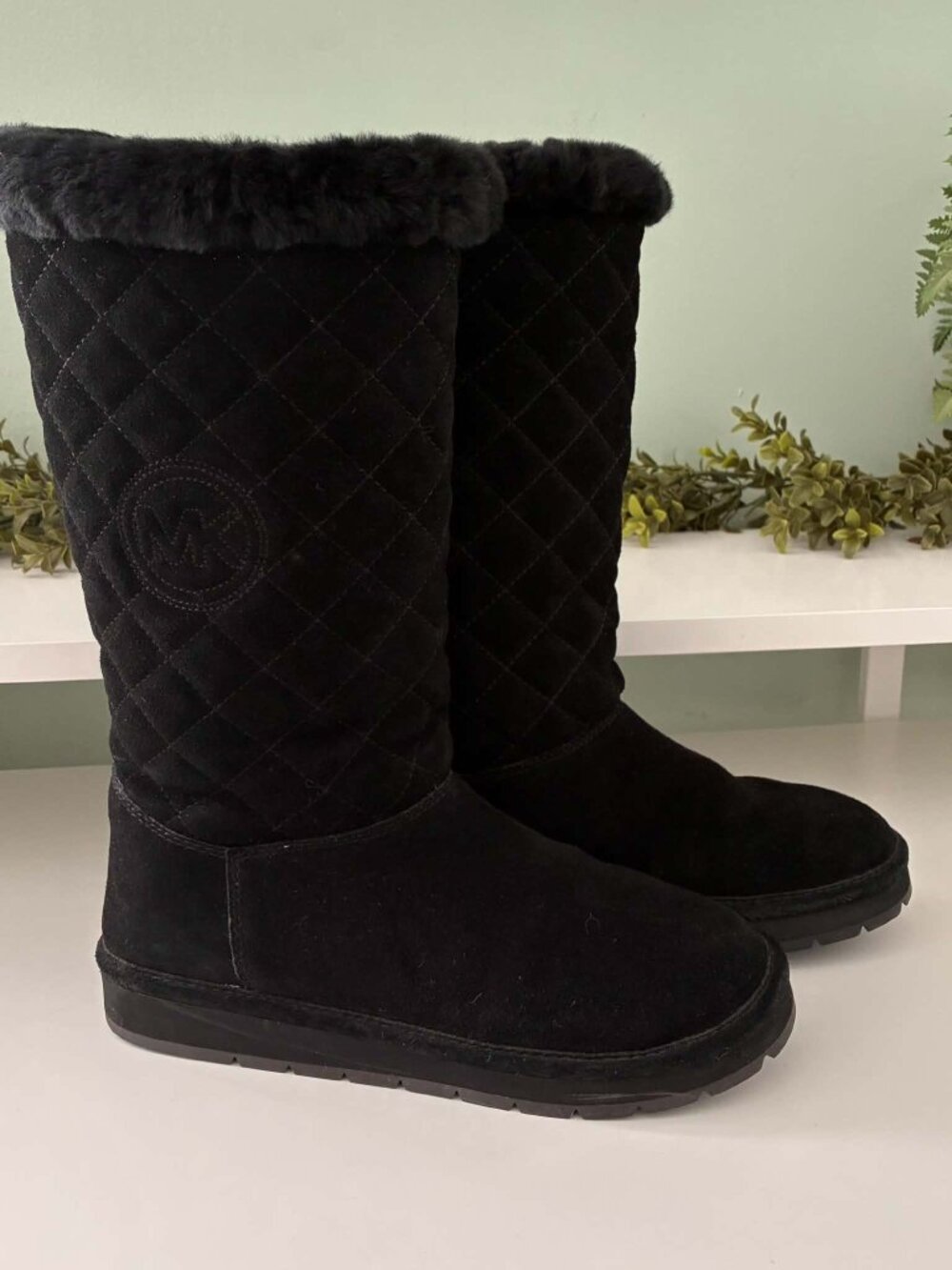 Michael Kors Sandy Quilted Suede Faux-Fur Trim Winter Boots - Size 8
